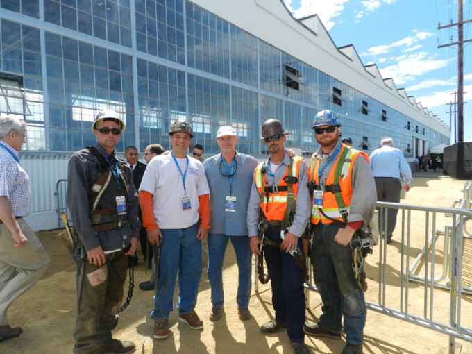 Ironworkers Local 378 president Bobby Lux, center, with members Chris Biskner, Rich Garcia, James Sturgeon and Obra Paulk, who worked on the Bay Bridge for general contractor American Bridge-Flour. They later participated in the chain cutting ceremony to officially open the bridge to trafic.