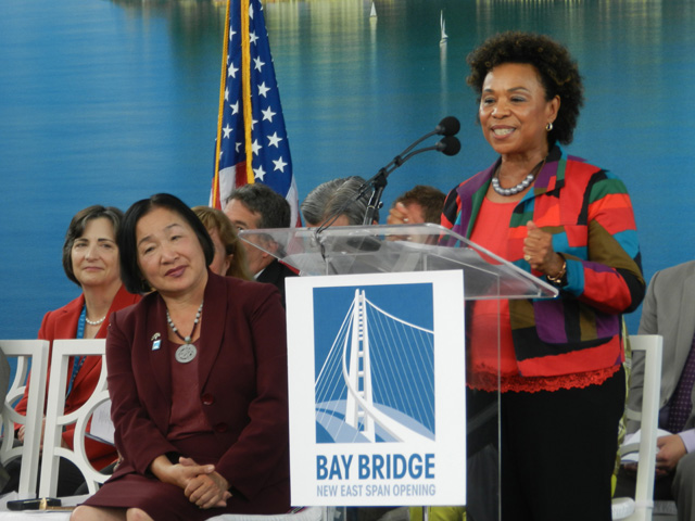 Congresswoman Barbara Lee praised the workers who built the new bridge. Also pictured, Assemblymember Joan Buchanan and Oakland mayor Jean Quan.
