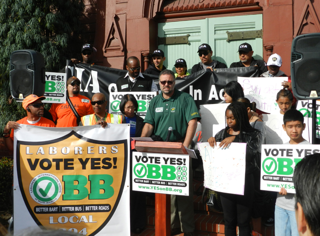 Andreas Cluver, Secretary-Treasurer of the Alameda County Building and Construction Trades Council, thanked the Laborers, Carpenters, Operating Engineers and Teamsters unions for supporting Measure BB.
